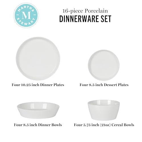 Martha Stewart Selma Chip & Scratch Resistant Dinnerware Set Service for 4 (16pcs) – White Plates and Bowls, Durable Dishwasher and Microwave Safe Dishes Set for Everyday Use - My Kitchen Products