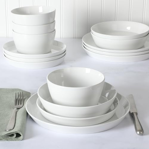 Martha Stewart Selma Chip & Scratch Resistant Dinnerware Set Service for 4 (16pcs) – White Plates and Bowls, Durable Dishwasher and Microwave Safe Dishes Set for Everyday Use - My Kitchen Products