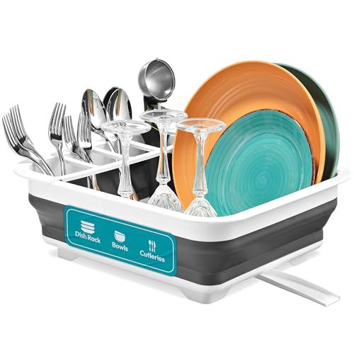 Masirs Pop-Up Collapsible Dish Drying Rack - Convenient Storage - Drains into Sink - Eight Large Plate Capacity - Sectional Cutlery and Utensil Compartment - Compact and Portable Design (12 x 20 Inch) - My Kitchen Products