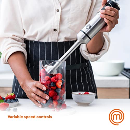 MasterChef Immersion Blender Handheld with Electric Whisk & Milk Frother Attachments, Hand Held Stainless Steel Stick Emulsifier for Making Baby Food, Soup, Puree, Cake, Cappuccino, Latte etc, 400W - My Kitchen Products