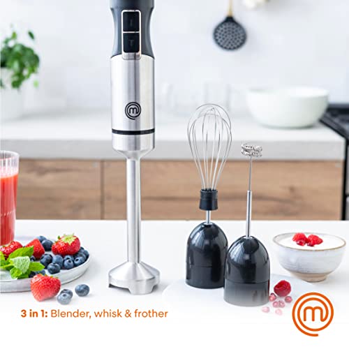 MasterChef Immersion Blender Handheld with Electric Whisk & Milk Frother Attachments, Hand Held Stainless Steel Stick Emulsifier for Making Baby Food, Soup, Puree, Cake, Cappuccino, Latte etc, 400W - My Kitchen Products