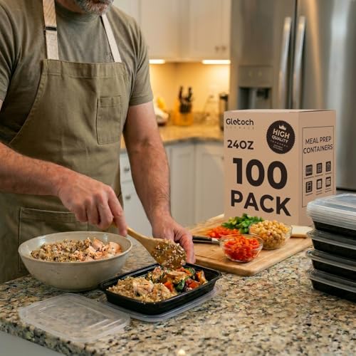 Meal Prep Containers 24oz-100 Pack (200-Piece) Reusable Food Storage Containers with Lids Microwave, Freezer, Dishwasher Safe - Leakproof & BPA Free Durable Plastic Bento Box for To Go Take Out - My Kitchen Products