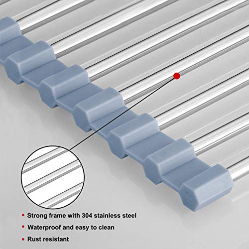 MECHEER Over The Sink Dish Drying Rack, Roll Up Dish Drying Rack Kitchen Dish Rack Stainless Steel Sink Drying Rack, Foldable Dish Drainer, Gray (20.4''x13.7'') - My Kitchen Products