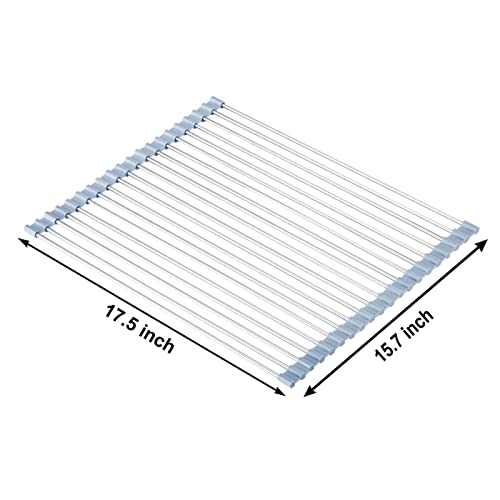 MECHEER Over The Sink Dish Drying Rack, Roll Up Dish Drying Rack Kitchen Dishes Rack Stainless Steel Sink Drying Racks, Foldable Dishes Drainer, Gray (17.5''x15.7'') - My Kitchen Products