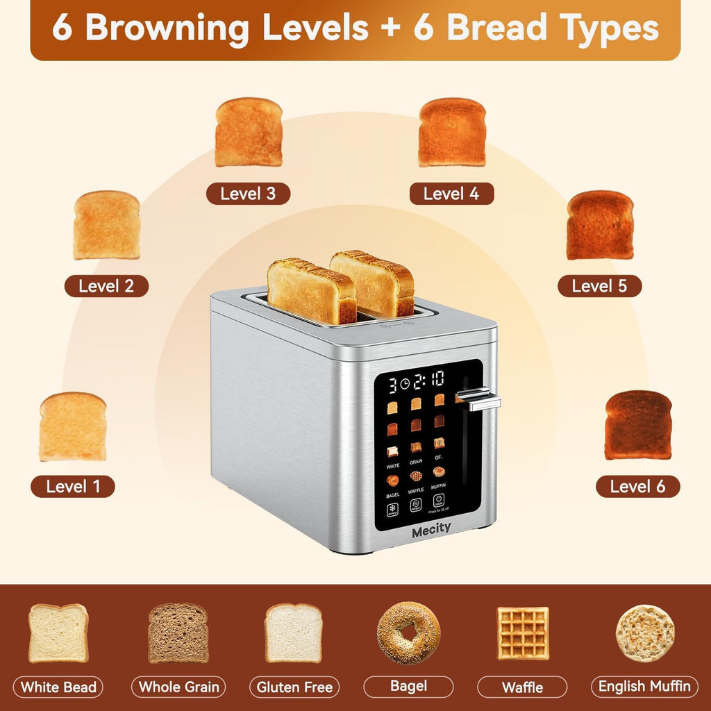 Mecity 2 Slice Toaster Smart Touchscreen, Stainless Steel Wide Slot Toasters Defrost, Reheat, Memory Function, Auto Shutoff, Digital Electric Bread Toaster for Bagel Muffin Waffle, 120V - My Kitchen Products