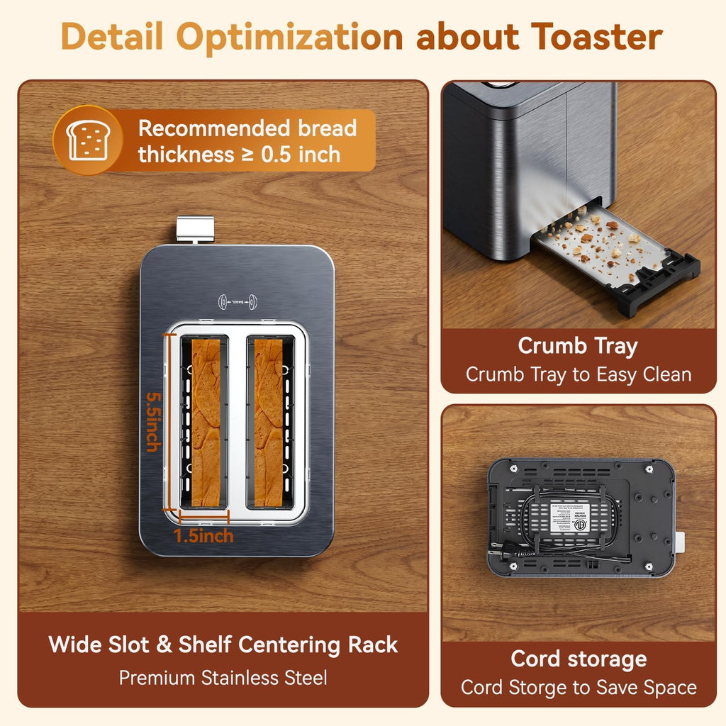 Mecity 2 Slice Toaster Smart Touchscreen, Stainless Steel Wide Slot Toasters Defrost, Reheat, Memory Function, Auto Shutoff, Digital Electric Bread Toaster for Bagel Muffin Waffle, 120V - My Kitchen Products