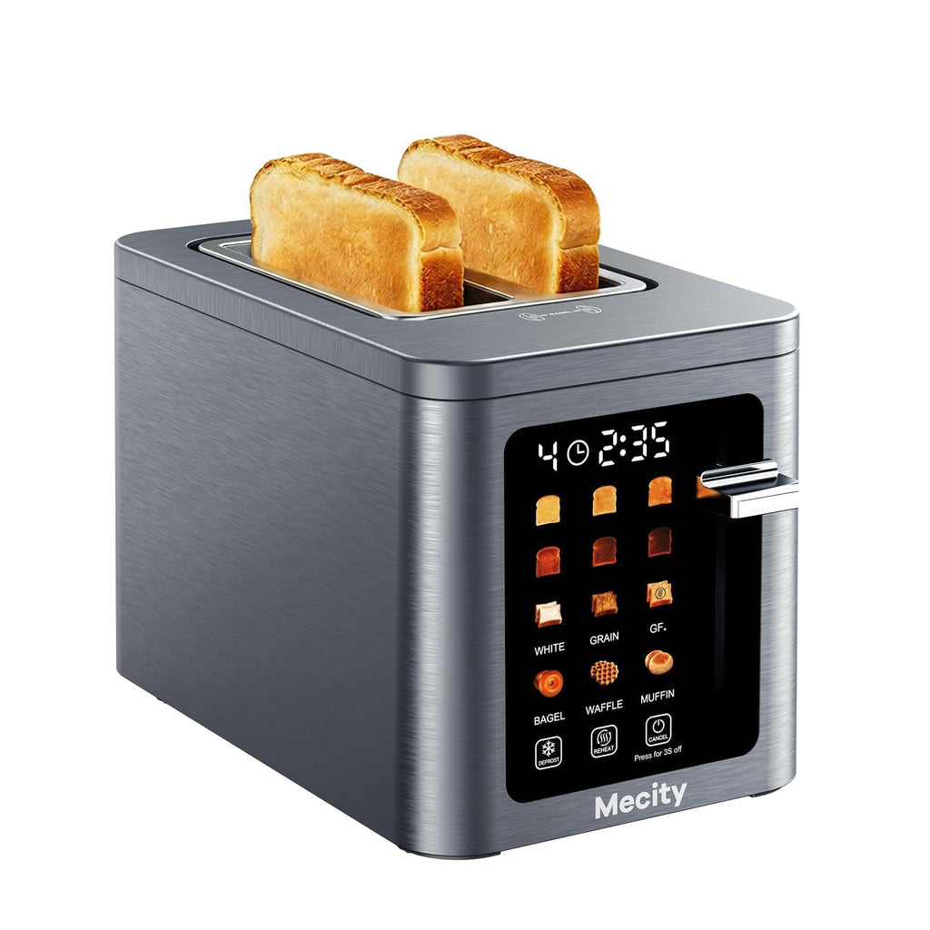 Mecity 2 Slice Toaster Smart Touchscreen, Stainless Steel Wide Slot Toasters Defrost, Reheat, Memory Function, Auto