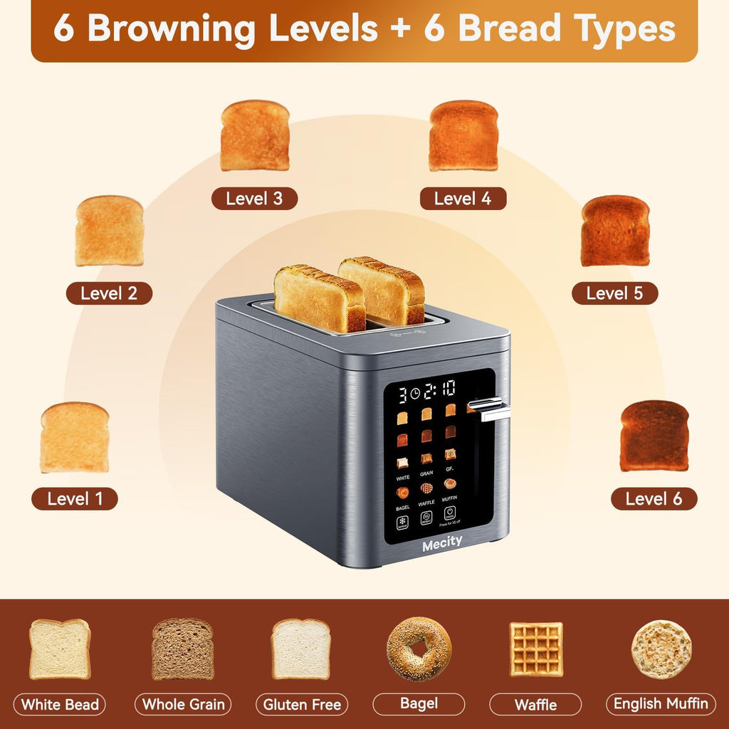 Mecity 2 Slice Toaster Smart Touchscreen, Stainless Steel Wide Slot Toasters Defrost, Reheat, Memory Function, Auto Shutoff, Digital Electric Bread Toaster for Bagel Muffin Waffle, 120V - My Kitchen Products