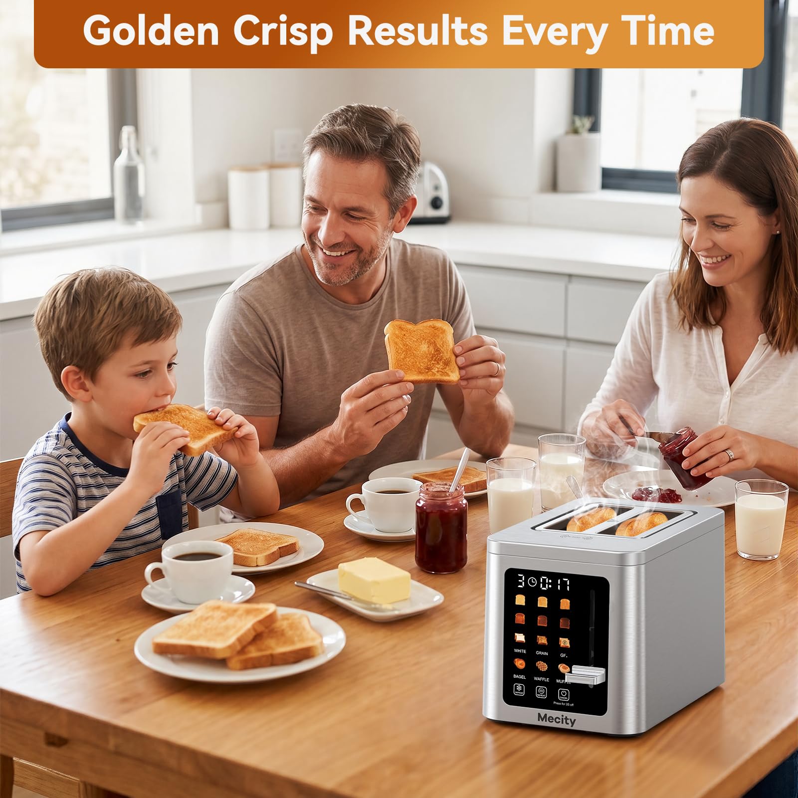 Mecity 2 Slice Toaster Smart Touchscreen, Stainless Steel Wide Slot Toasters Defrost, Reheat, Memory Function, Auto Shutoff, Digital Electric Bread Toaster for Bagel Muffin Waffle, 120V - My Kitchen Products