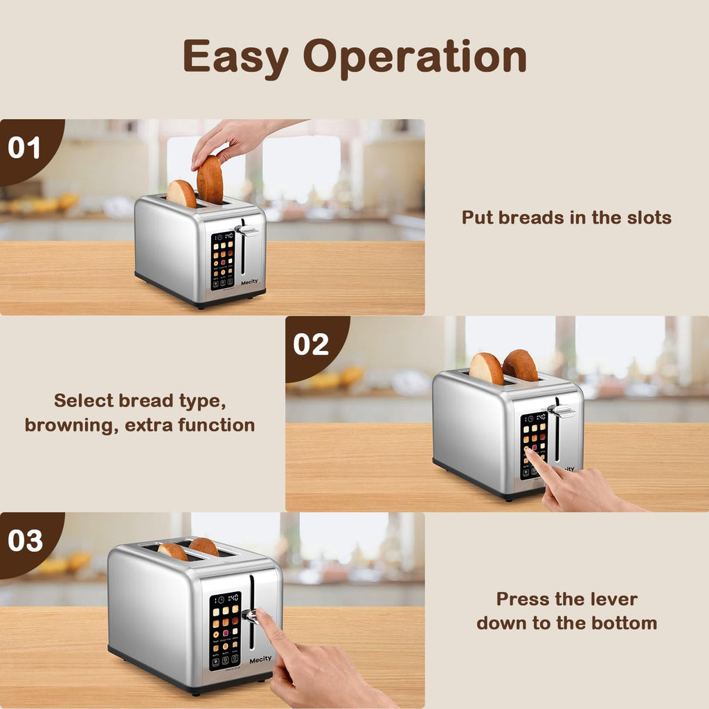 Mecity 2 Slice Toaster Touch Screen 1.5" Wide Slot, Stainless Steel Smart Bread Toaster for Bagel Muffin Waffle Gluten Free Breads, Timer, Defrost, Reheat, 120V 825W - My Kitchen Products