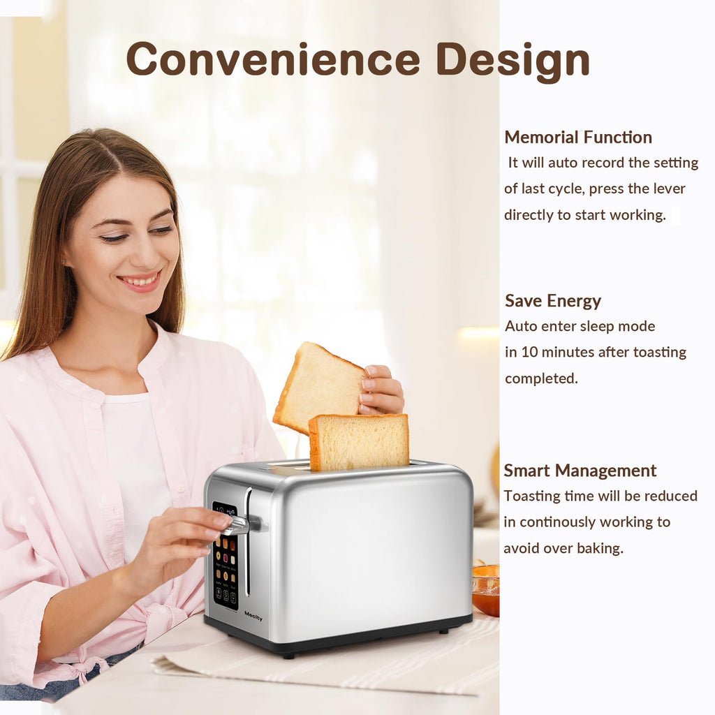 Mecity 2 Slice Toaster Touch Screen 1.5" Wide Slot, Stainless Steel Smart Bread Toaster for Bagel Muffin Waffle Gluten Free Breads, Timer, Defrost, Reheat, 120V 825W - My Kitchen Products
