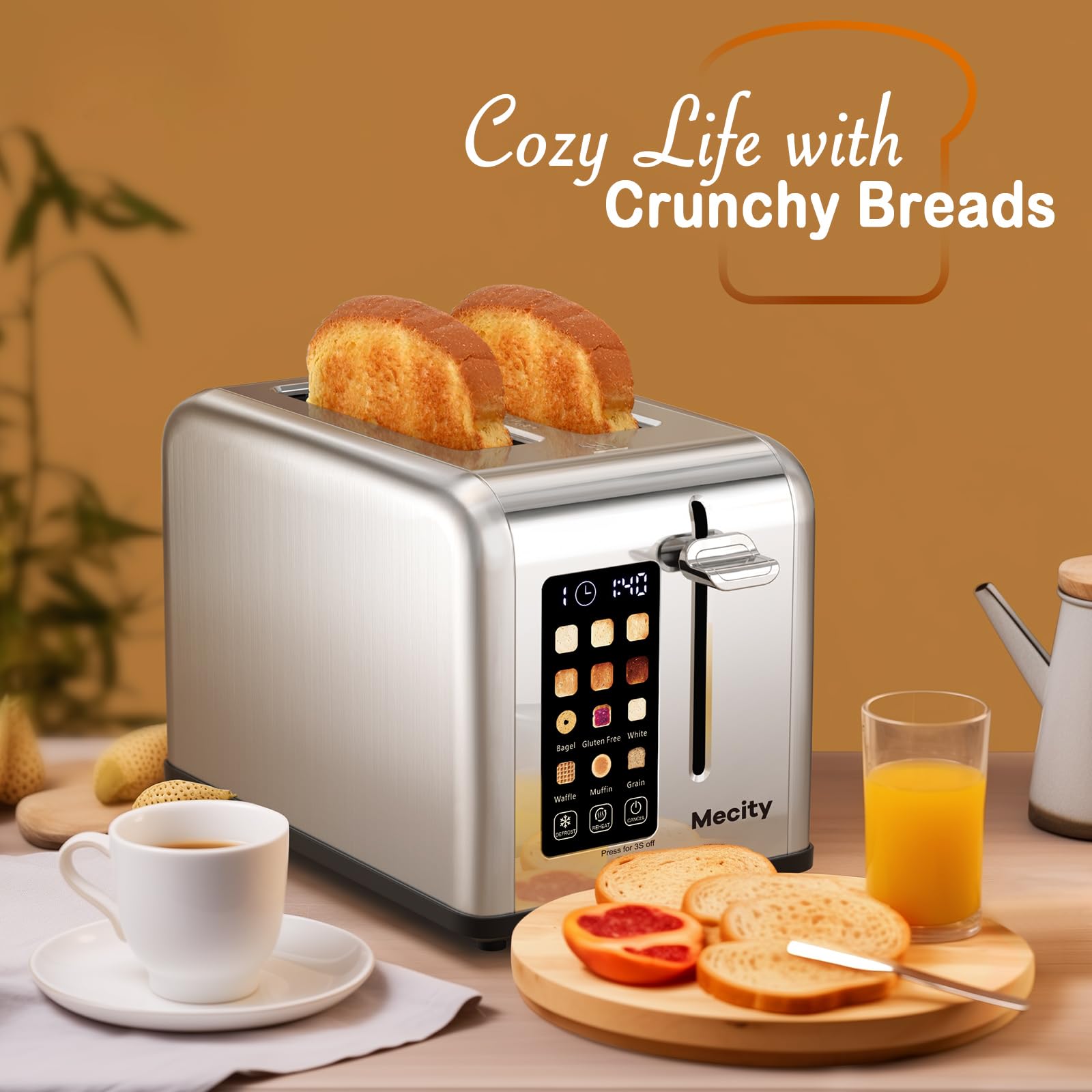 Mecity 2 Slice Toaster Touch Screen 1.5" Wide Slot, Stainless Steel Smart Bread Toaster for Bagel Muffin Waffle Gluten Free Breads, Timer, Defrost, Reheat, 120V 825W - My Kitchen Products