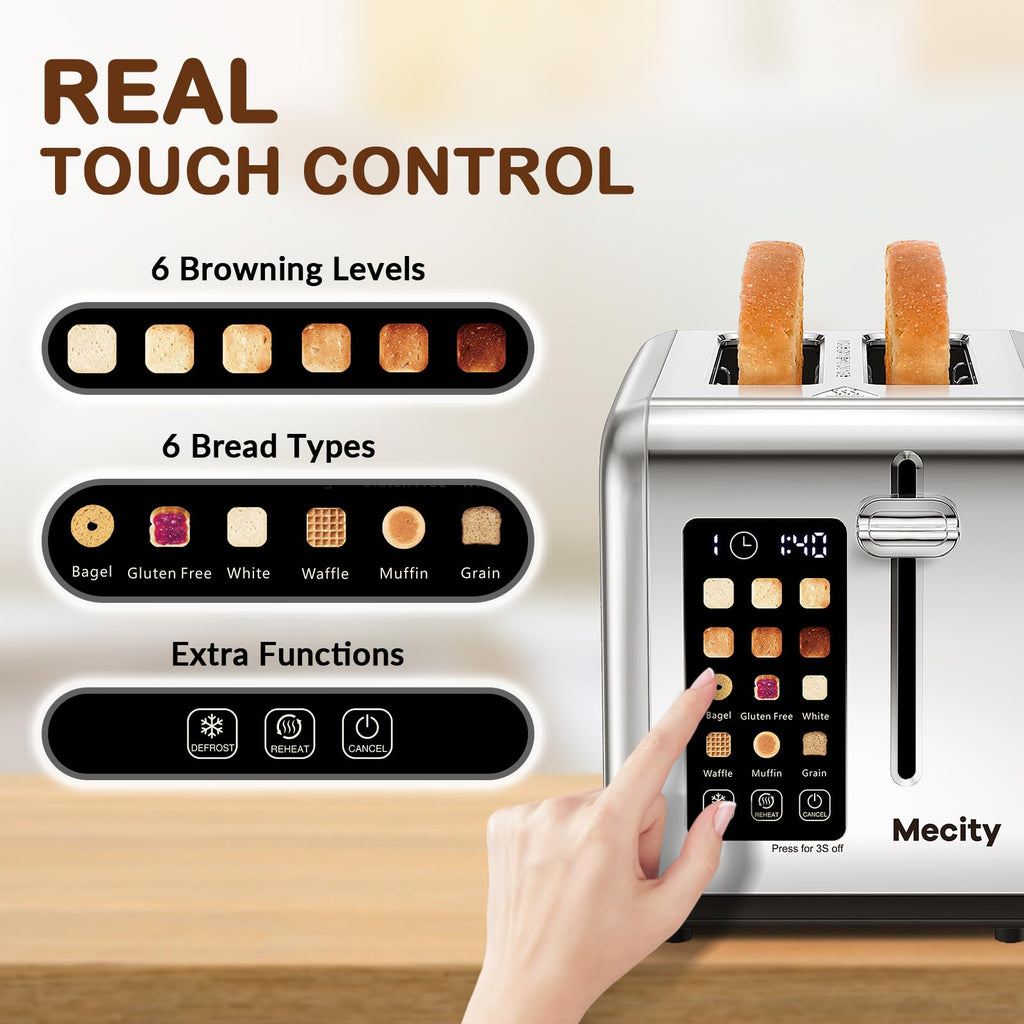 Mecity 2 Slice Toaster Touch Screen 1.5" Wide Slot, Stainless Steel Smart Bread Toaster for Bagel Muffin Waffle Gluten Free Breads, Timer, Defrost, Reheat, 120V 825W - My Kitchen Products