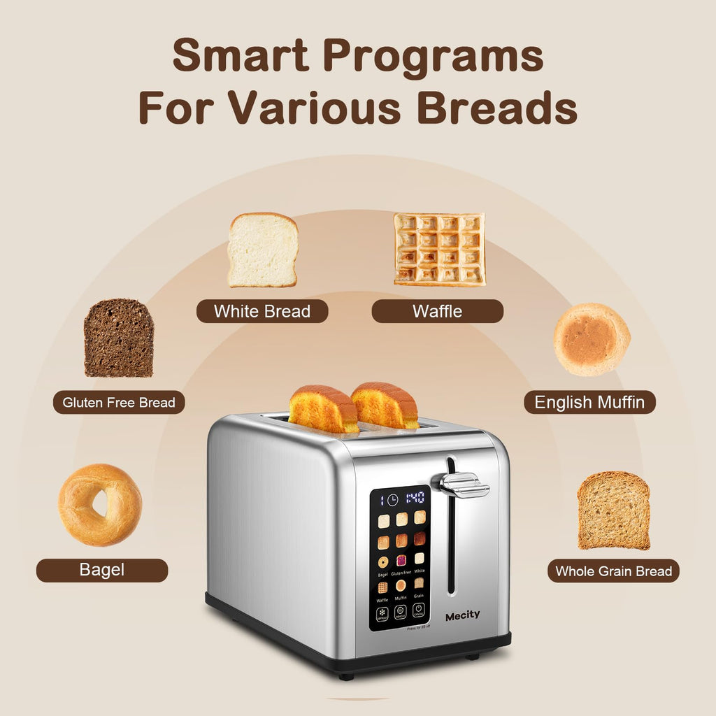 Mecity 2 Slice Toaster Touch Screen 1.5" Wide Slot, Stainless Steel Smart Bread Toaster for Bagel Muffin Waffle Gluten Free Breads, Timer, Defrost, Reheat, 120V 825W - My Kitchen Products