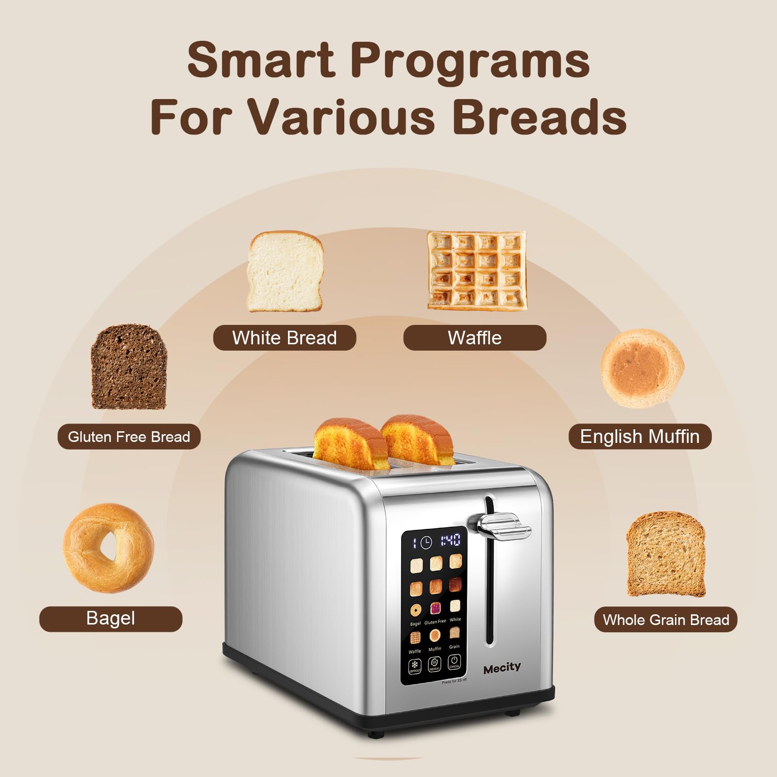 Mecity 2 Slice Toaster Touch Screen 1.5" Wide Slot, Stainless Steel Smart Bread Toaster for Bagel Muffin Waffle Gluten Free Breads, Timer, Defrost, Reheat, 120V 825W - My Kitchen Products