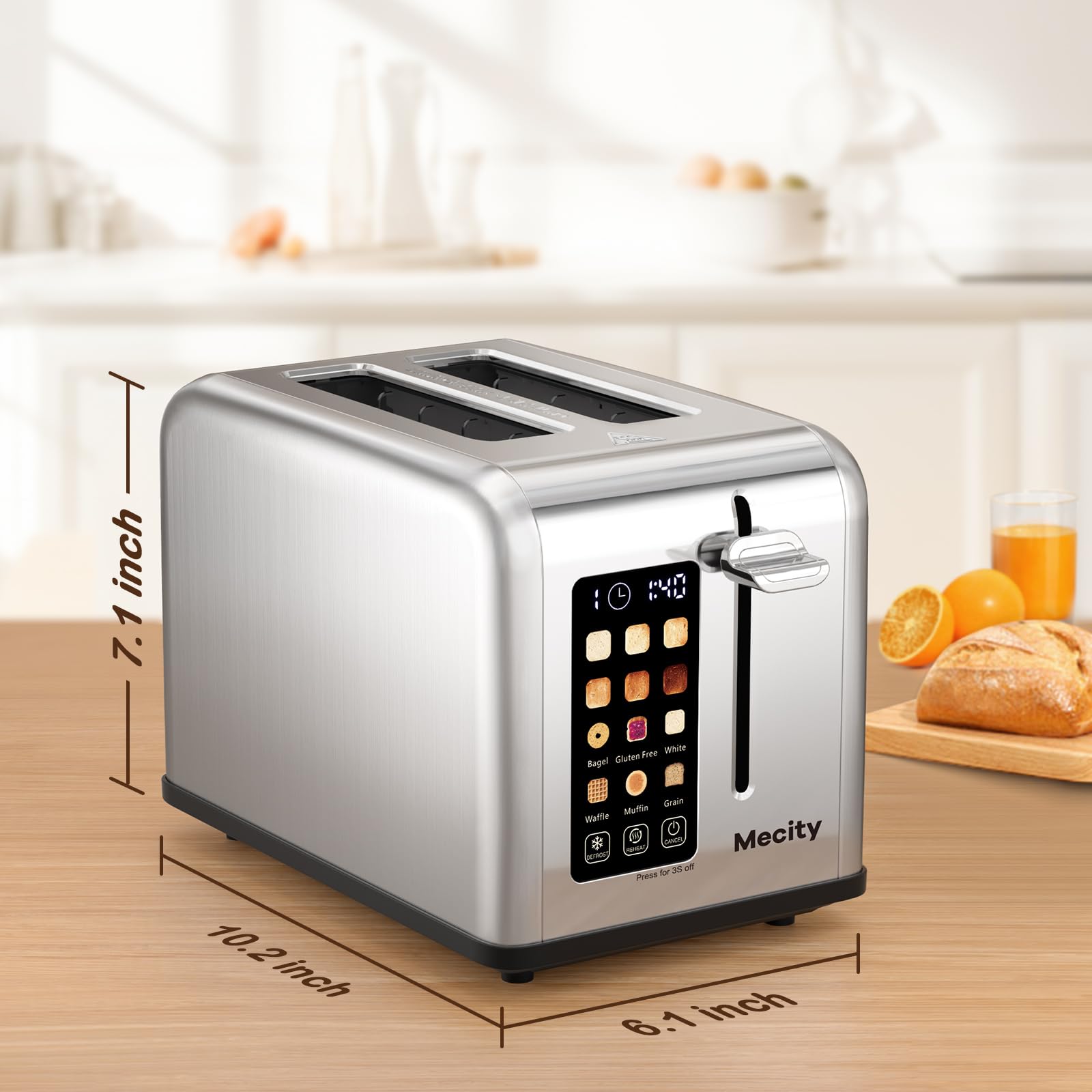Mecity 2 Slice Toaster Touch Screen 1.5" Wide Slot, Stainless Steel Smart Bread Toaster for Bagel Muffin Waffle Gluten Free Breads, Timer, Defrost, Reheat, 120V 825W - My Kitchen Products