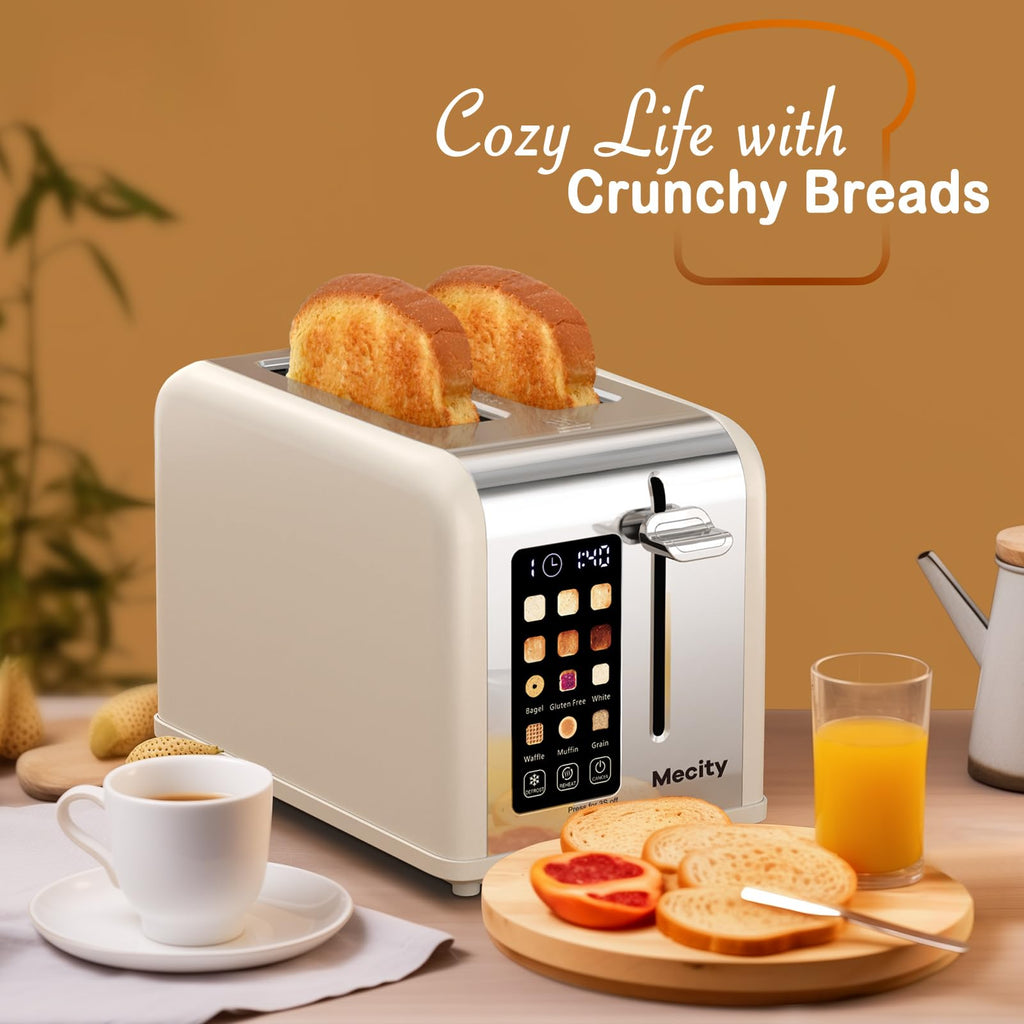 Mecity 2 Slice Touch Screen Toaster, 1.5" Wide Slot, Stainless Steel Smart Toaster for Bagels, Muffins, Waffles, Gluten-Free Breads, Defrost, Reheat, Timer, 120V 825W, Cream Color - My Kitchen Products