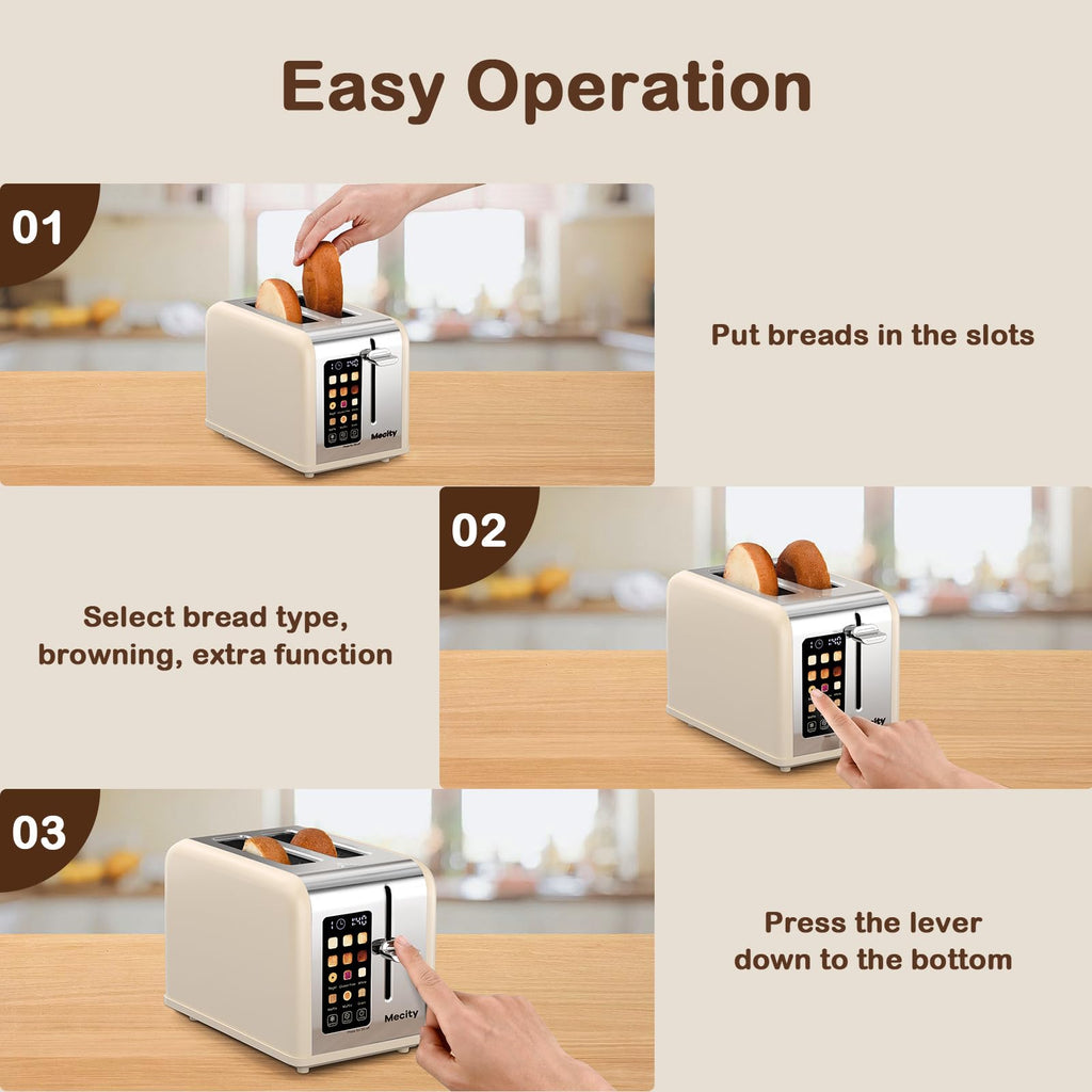 Mecity 2 Slice Touch Screen Toaster, 1.5" Wide Slot, Stainless Steel Smart Toaster for Bagels, Muffins, Waffles, Gluten-Free Breads, Defrost, Reheat, Timer, 120V 825W, Cream Color - My Kitchen Products