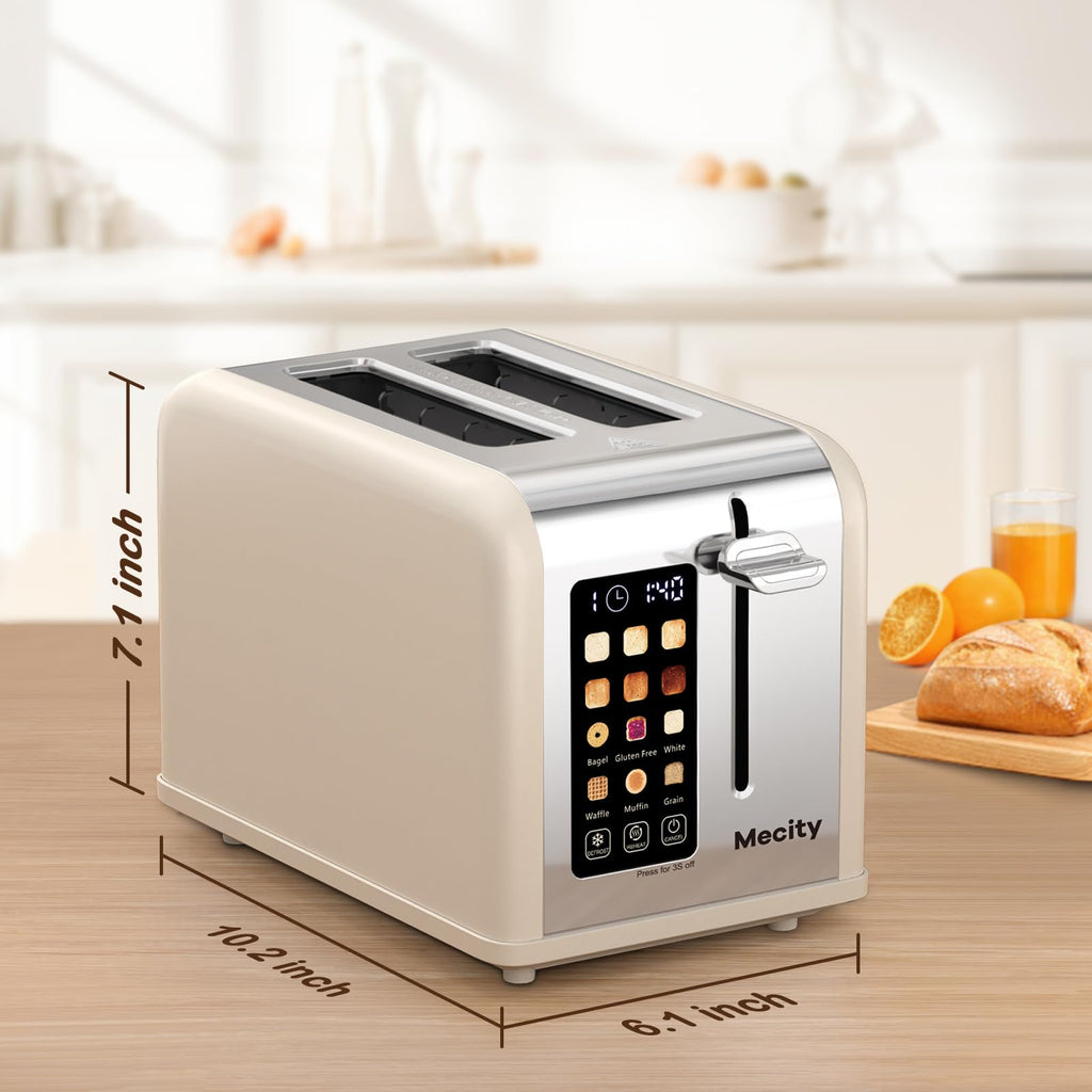 Mecity 2 Slice Touch Screen Toaster, 1.5" Wide Slot, Stainless Steel Smart Toaster for Bagels, Muffins, Waffles, Gluten-Free Breads, Defrost, Reheat, Timer, 120V 825W, Cream Color - My Kitchen Products