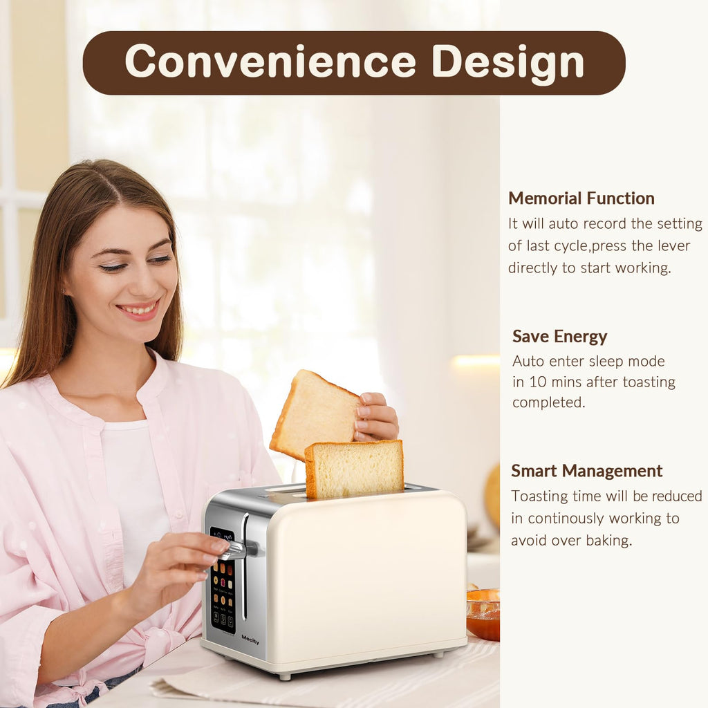 Mecity 2 Slice Touch Screen Toaster, 1.5" Wide Slot, Stainless Steel Smart Toaster for Bagels, Muffins, Waffles, Gluten-Free Breads, Defrost, Reheat, Timer, 120V 825W, Cream Color - My Kitchen Products