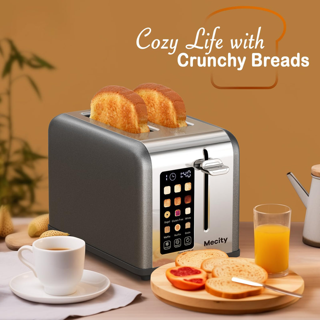Mecity 2 Slice Touch Screen Toaster, 1.5" Wide Slot, Stainless Steel Smart Toaster for Bagels, Muffins, Waffles, Gluten-Free Breads, Defrost, Reheat, Timer, 120V 825W, Grey Pearl - My Kitchen Products
