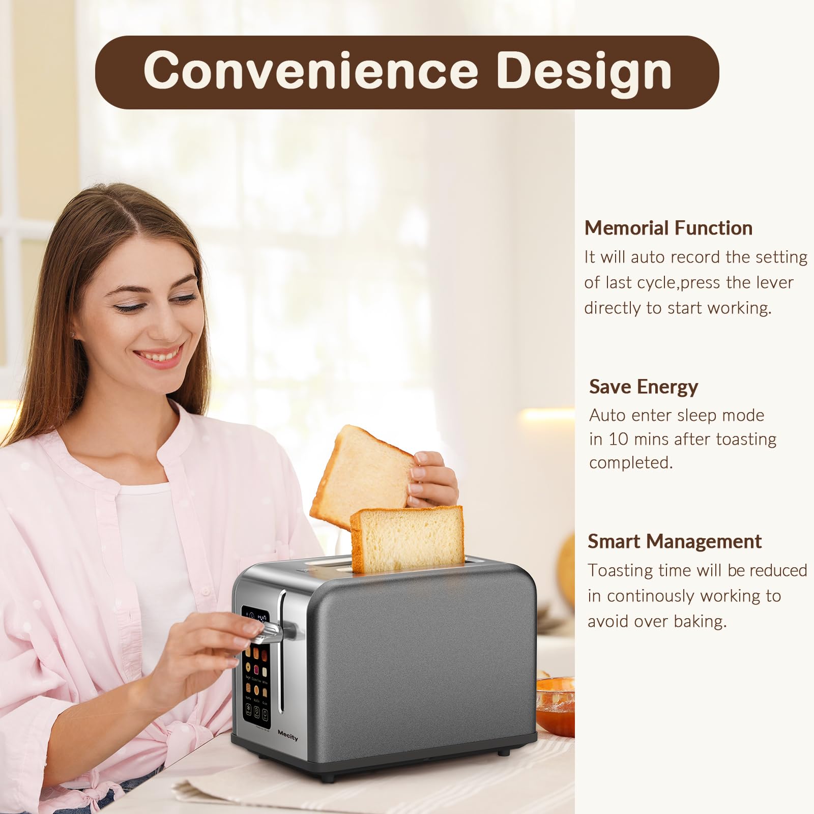 Mecity 2 Slice Touch Screen Toaster, 1.5" Wide Slot, Stainless Steel Smart Toaster for Bagels, Muffins, Waffles, Gluten-Free Breads, Defrost, Reheat, Timer, 120V 825W, Grey Pearl - My Kitchen Products