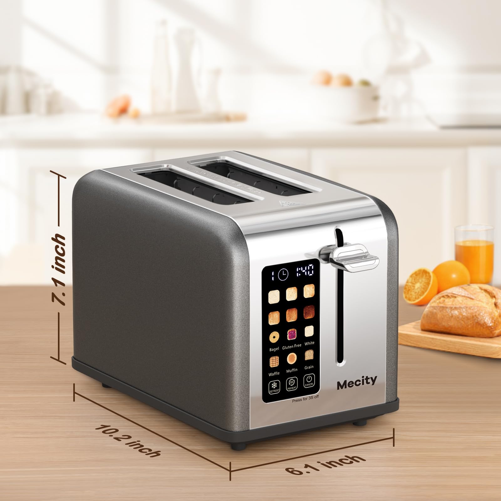 Mecity 2 Slice Touch Screen Toaster, 1.5" Wide Slot, Stainless Steel Smart Toaster for Bagels, Muffins, Waffles, Gluten-Free Breads, Defrost, Reheat, Timer, 120V 825W, Grey Pearl - My Kitchen Products