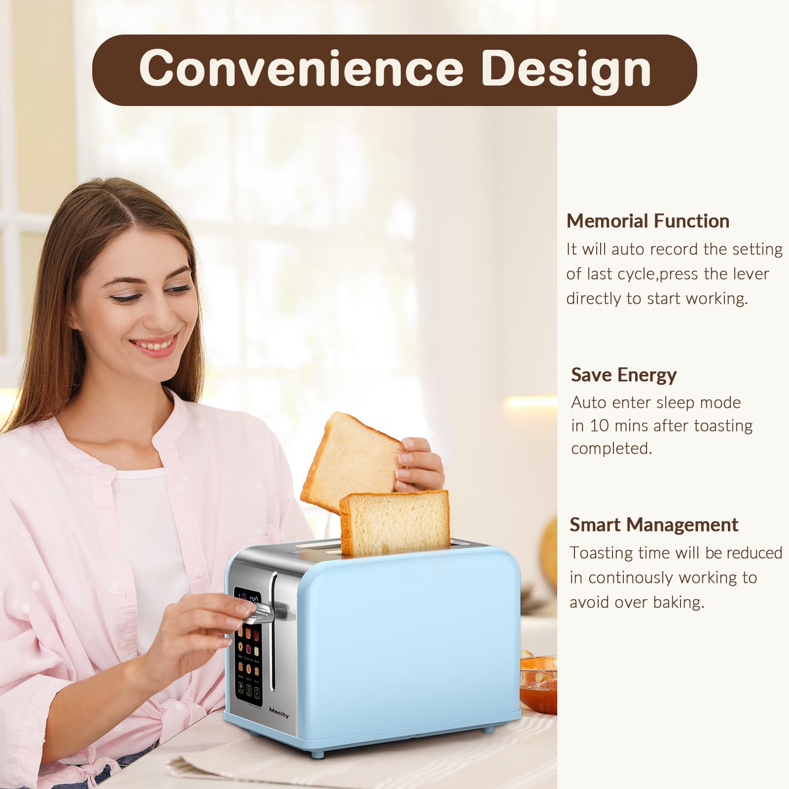 Mecity 2 Slice Touch Screen Toaster, 1.5" Wide Slot, Stainless Steel Smart Toaster for Bagels, Muffins, Waffles, Gluten-Free Breads, Defrost, Reheat, Timer, 120V 825W, Ice Blue - My Kitchen Products