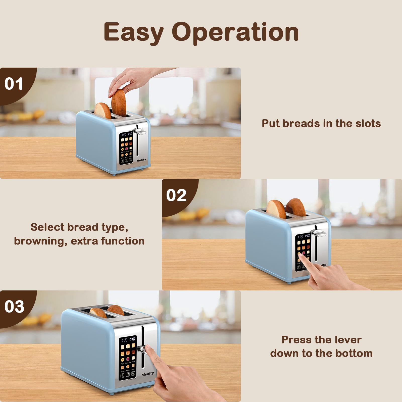 Mecity 2 Slice Touch Screen Toaster, 1.5" Wide Slot, Stainless Steel Smart Toaster for Bagels, Muffins, Waffles, Gluten-Free Breads, Defrost, Reheat, Timer, 120V 825W, Ice Blue - My Kitchen Products