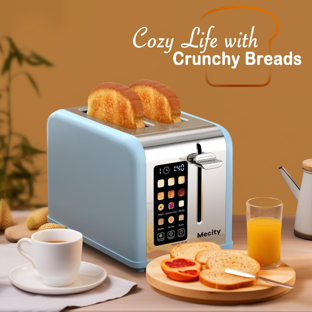 Mecity 2 Slice Touch Screen Toaster, 1.5" Wide Slot, Stainless Steel Smart Toaster for Bagels, Muffins, Waffles, Gluten-Free Breads, Defrost, Reheat, Timer, 120V 825W, Ice Blue - My Kitchen Products