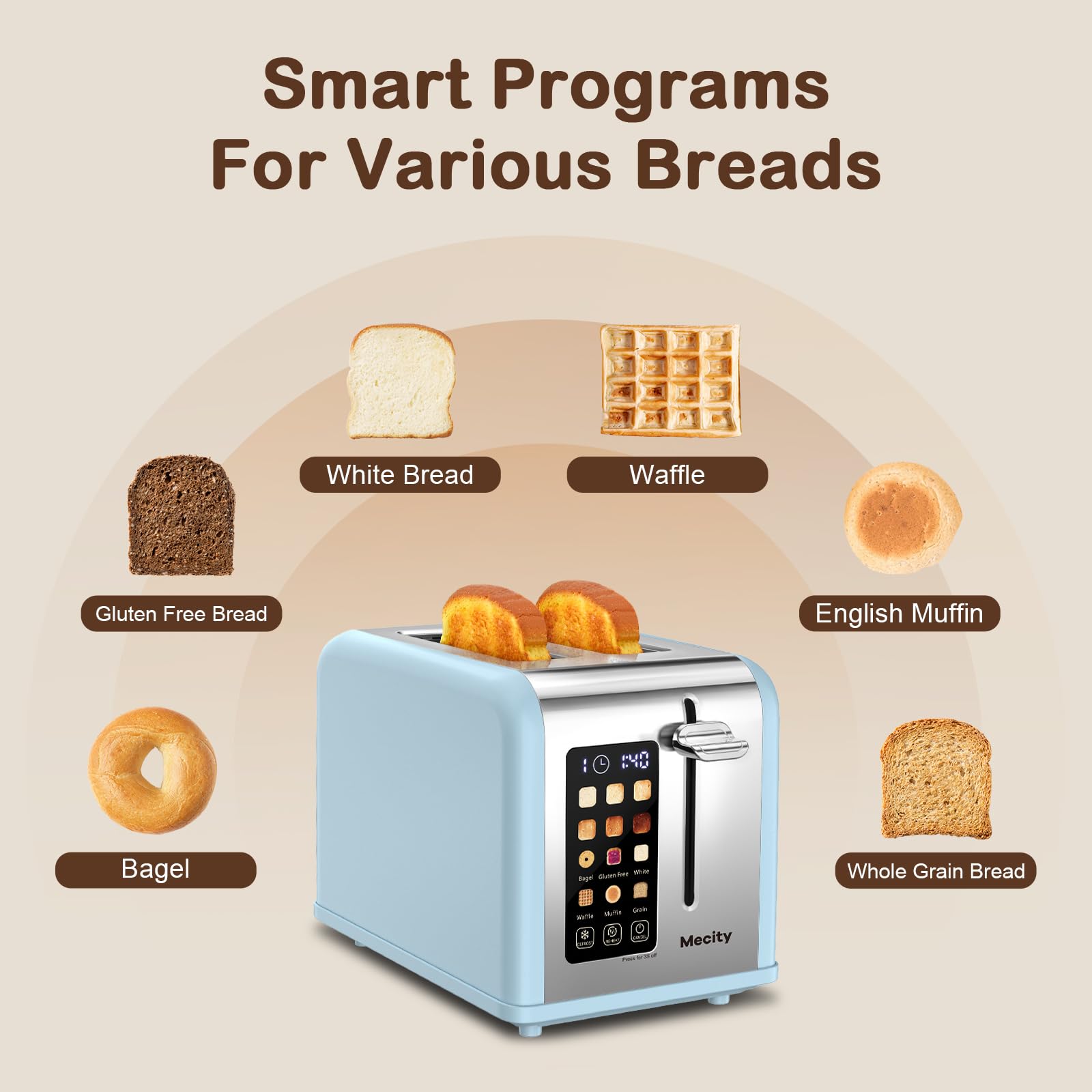 Mecity 2 Slice Touch Screen Toaster, 1.5" Wide Slot, Stainless Steel Smart Toaster for Bagels, Muffins, Waffles, Gluten-Free Breads, Defrost, Reheat, Timer, 120V 825W, Ice Blue - My Kitchen Products