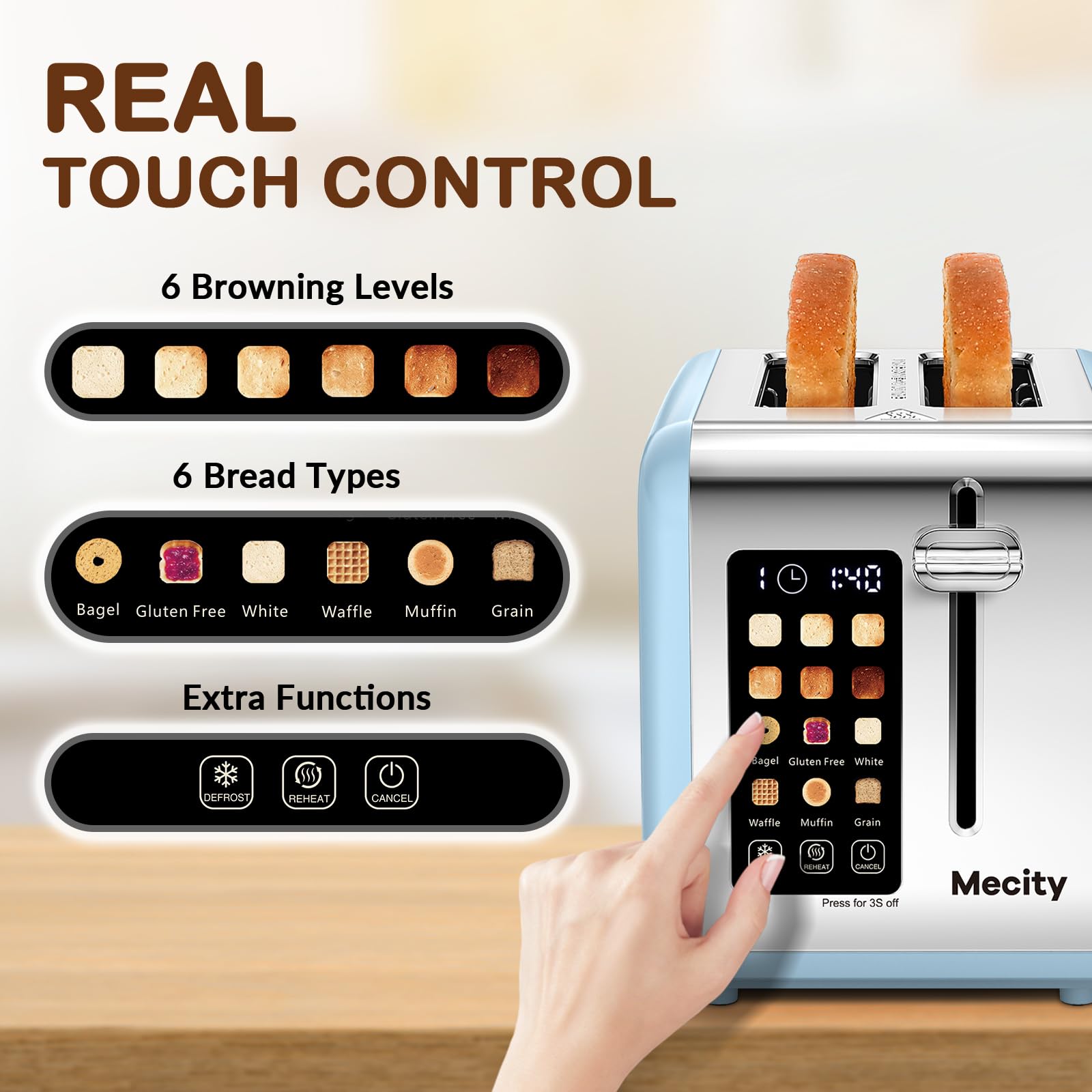 Mecity 2 Slice Touch Screen Toaster, 1.5" Wide Slot, Stainless Steel Smart Toaster for Bagels, Muffins, Waffles, Gluten-Free Breads, Defrost, Reheat, Timer, 120V 825W, Ice Blue - My Kitchen Products