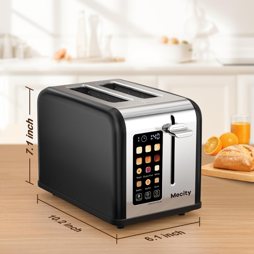 Mecity 2 Slice Touch Screen Toaster, 1.5" Wide Slot, Stainless Steel Smart Toaster for Bagels, Muffins, Waffles, Gluten-Free Breads, Defrost, Reheat, Timer, 120V 825W, Matt Black - My Kitchen Products