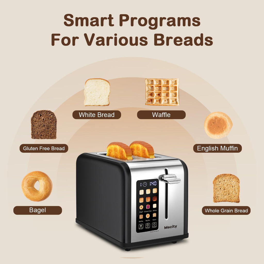 Mecity 2 Slice Touch Screen Toaster, 1.5" Wide Slot, Stainless Steel Smart Toaster for Bagels, Muffins, Waffles, Gluten-Free Breads, Defrost, Reheat, Timer, 120V 825W, Matt Black - My Kitchen Products