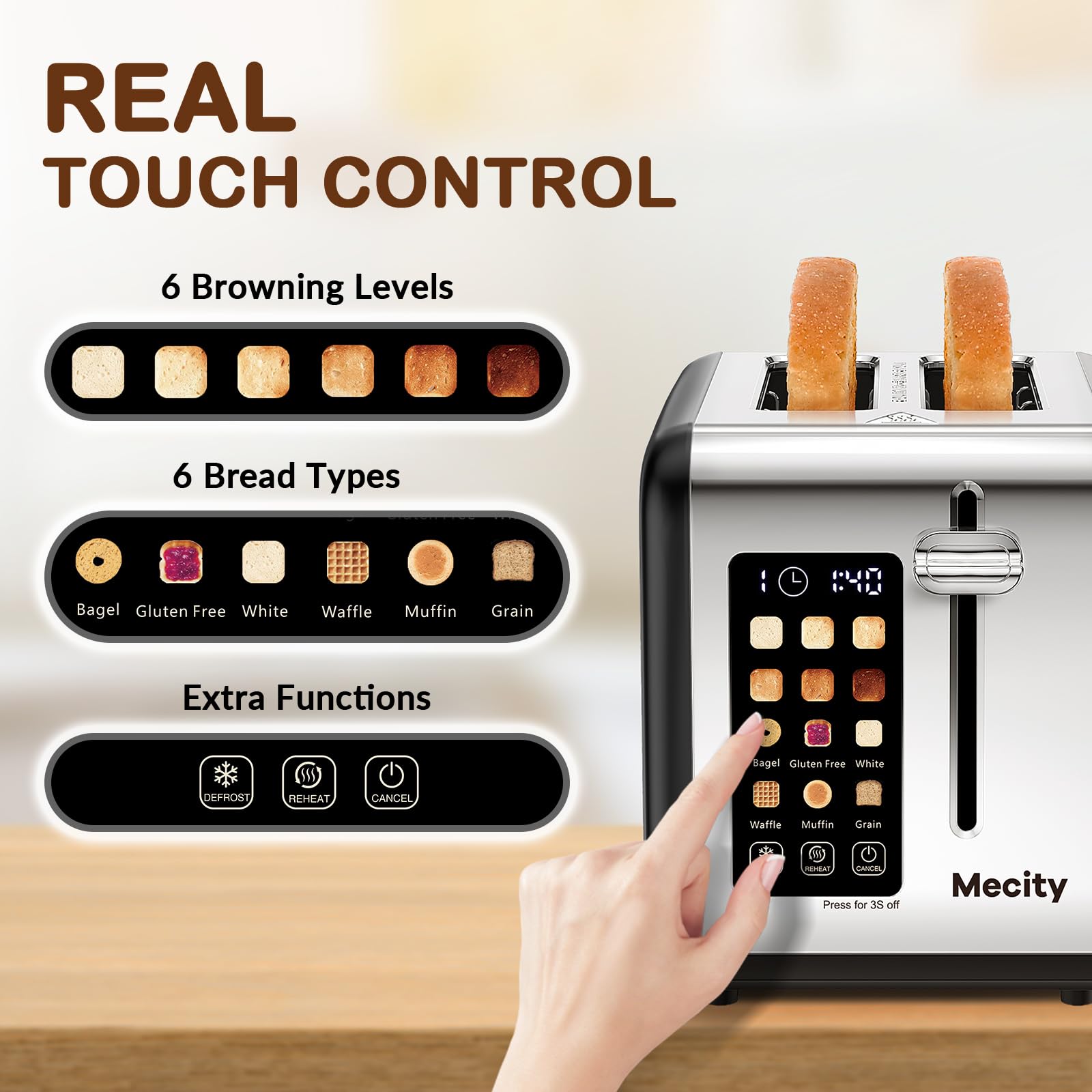 Mecity 2 Slice Touch Screen Toaster, 1.5" Wide Slot, Stainless Steel Smart Toaster for Bagels, Muffins, Waffles, Gluten-Free Breads, Defrost, Reheat, Timer, 120V 825W, Matt Black - My Kitchen Products