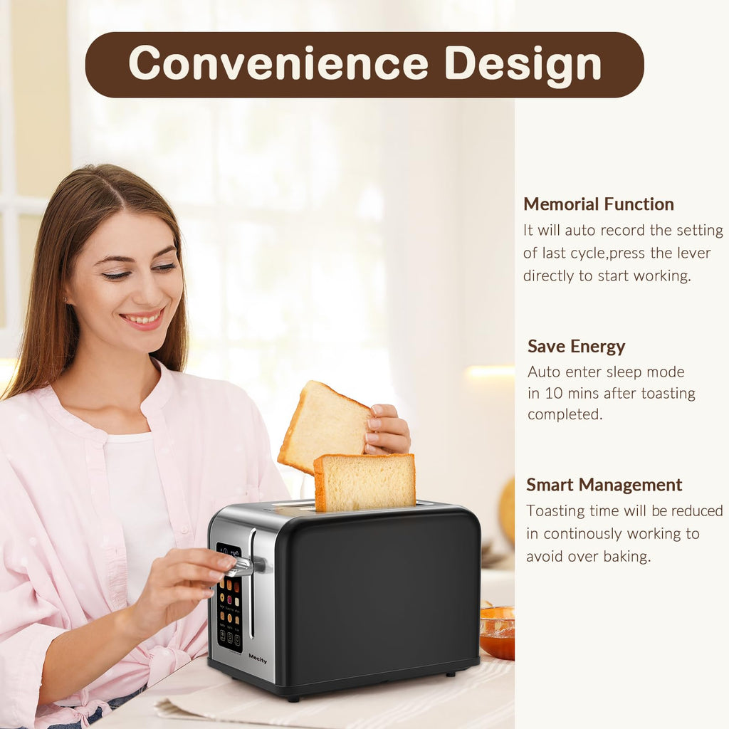Mecity 2 Slice Touch Screen Toaster, 1.5" Wide Slot, Stainless Steel Smart Toaster for Bagels, Muffins, Waffles, Gluten-Free Breads, Defrost, Reheat, Timer, 120V 825W, Matt Black - My Kitchen Products