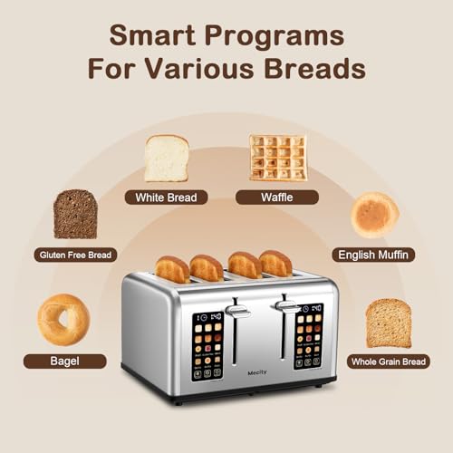 Mecity 4 Slice Toaster with Touch Screen Control, 4 Wide Slots, Stainless Steel Smart Bread Toaster for Bagels, Muffins, Waffles, Dual Control Panel, Timer, Defrost, Reheat, 120V 1650W - My Kitchen Products