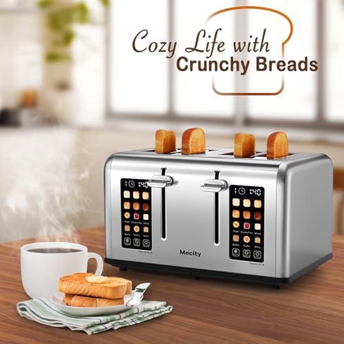 Mecity 4 Slice Toaster with Touch Screen Control, 4 Wide Slots, Stainless Steel Smart Bread Toaster for Bagels, Muffins, Waffles, Dual Control Panel, Timer, Defrost, Reheat, 120V 1650W - My Kitchen Products
