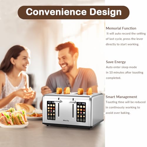 Mecity 4 Slice Toaster with Touch Screen Control, 4 Wide Slots, Stainless Steel Smart Bread Toaster for Bagels, Muffins, Waffles, Dual Control Panel, Timer, Defrost, Reheat, 120V 1650W - My Kitchen Products