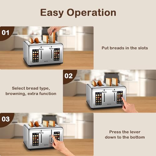 Mecity 4 Slice Toaster with Touch Screen Control, 4 Wide Slots, Stainless Steel Smart Bread Toaster for Bagels, Muffins, Waffles, Dual Control Panel, Timer, Defrost, Reheat, 120V 1650W - My Kitchen Products