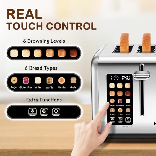 Mecity 4 Slice Toaster with Touch Screen Control, 4 Wide Slots, Stainless Steel Smart Bread Toaster for Bagels, Muffins, Waffles, Dual Control Panel, Timer, Defrost, Reheat, 120V 1650W - My Kitchen Products