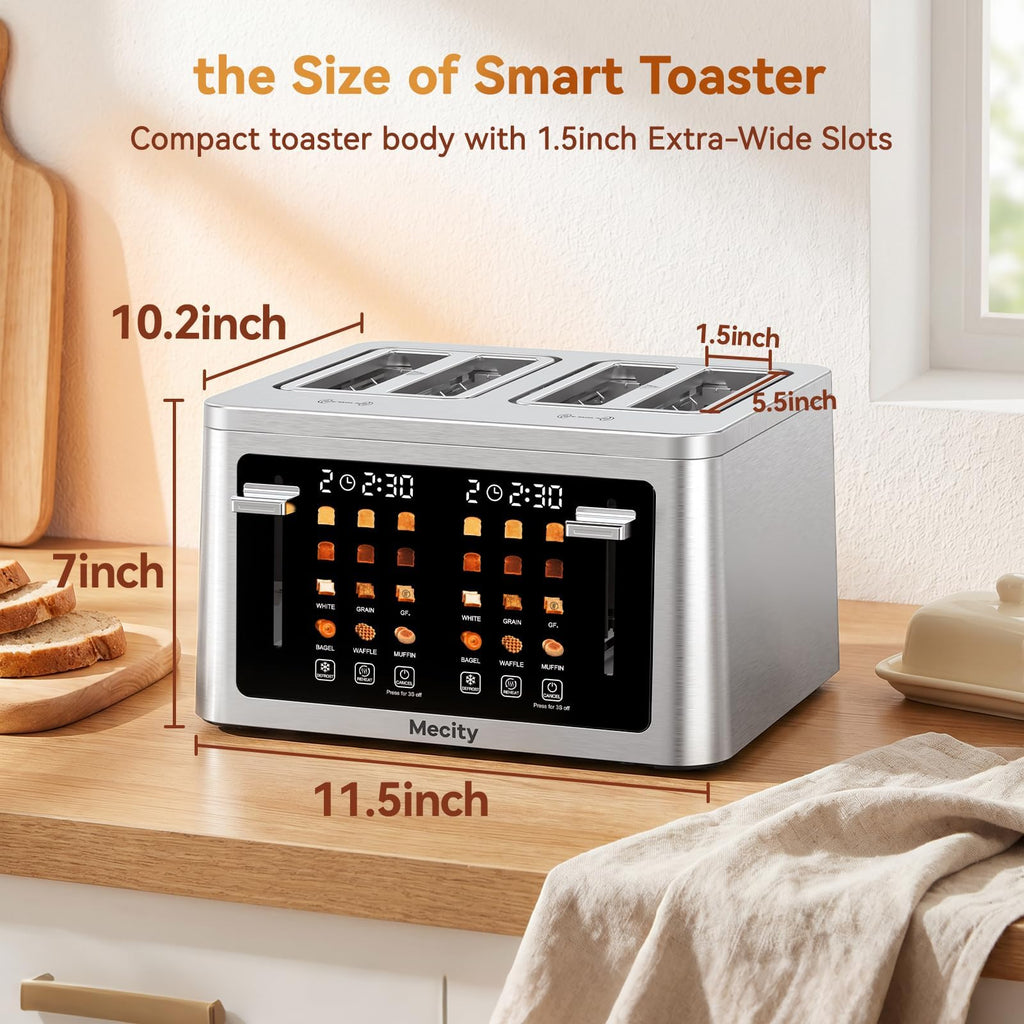 Mecity 4 Slice Touchscreen Toaster, 6 Bread Modes & 6 Browning Levels, Dual Touch Control Wide Slot Stainless Steel Electric Toaster with Memory, Defrost, 3-Min Auto Shutoff for White, Bagels, Waffles - My Kitchen Products
