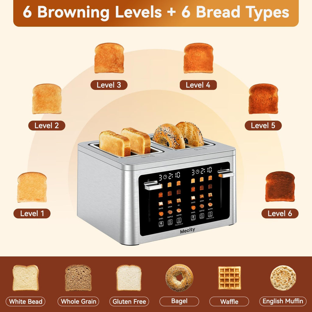 Mecity 4 Slice Touchscreen Toaster, 6 Bread Modes & 6 Browning Levels, Dual Touch Control Wide Slot Stainless Steel Electric Toaster with Memory, Defrost, 3-Min Auto Shutoff for White, Bagels, Waffles - My Kitchen Products