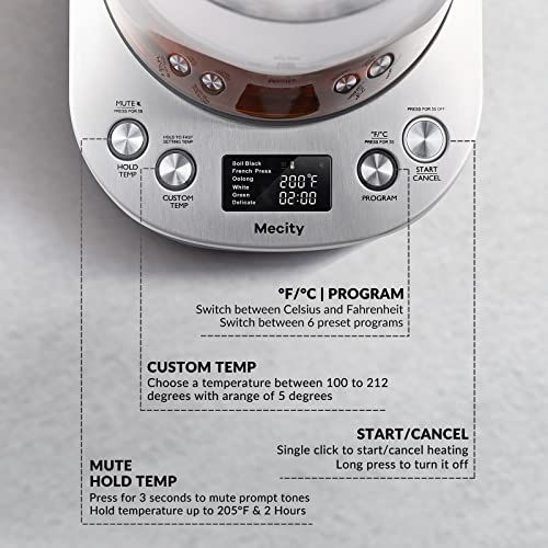 Mecity Electric Tea Kettle Borosilicate Glass Tea Maker With Temperature Control and Infuser - LCD Display and Preset Brewing Programs - 1.7 Liter Water Boiler - My Kitchen Products