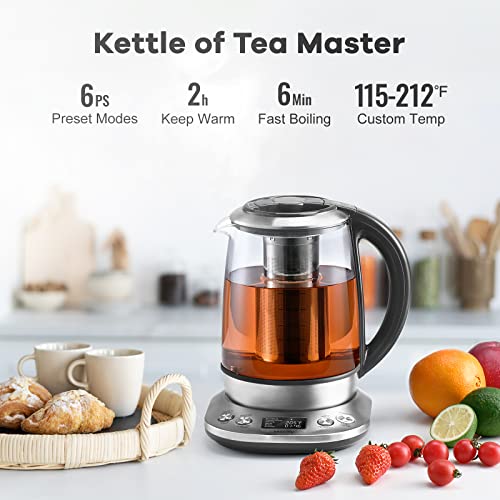 Mecity Electric Tea Kettle Borosilicate Glass Tea Maker With Temperature Control and Infuser - LCD Display and Preset Brewing Programs - 1.7 Liter Water Boiler - My Kitchen Products