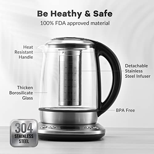 Mecity Electric Tea Kettle Borosilicate Glass Tea Maker With Temperature Control and Infuser - LCD Display and Preset Brewing Programs - 1.7 Liter Water Boiler - My Kitchen Products