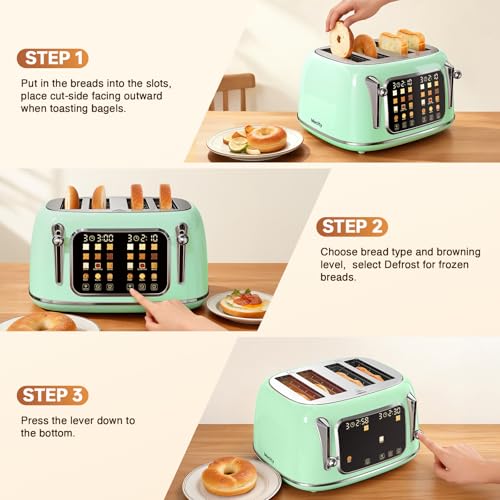 Mecity Toaster 4 Slice, Touch Screen Wide Slot Retro Toaster For Breads Bagel Muffin Waffle, House Warming Gift New Home, 120V 1650W, Light Green - My Kitchen Products