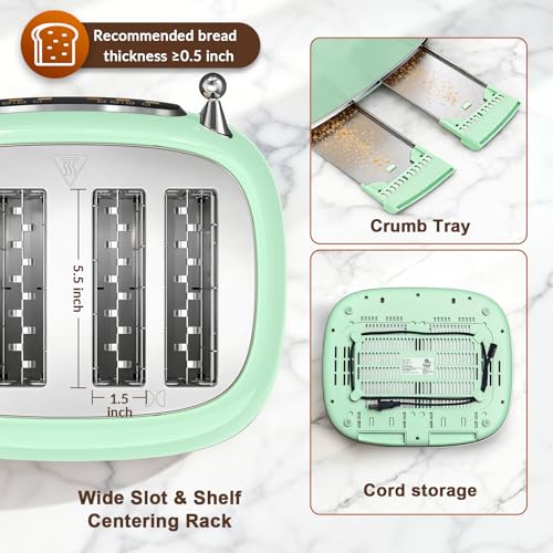 Mecity Toaster 4 Slice, Touch Screen Wide Slot Retro Toaster For Breads Bagel Muffin Waffle, House Warming Gift New Home, 120V 1650W, Light Green - My Kitchen Products