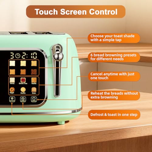 Mecity Toaster 4 Slice, Touch Screen Wide Slot Retro Toaster For Breads Bagel Muffin Waffle, House Warming Gift New Home, 120V 1650W, Light Green - My Kitchen Products
