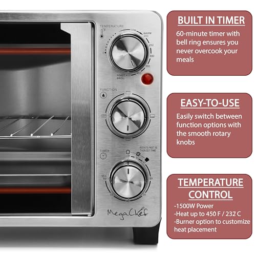 MegaChef 26.4 Quart French Door Multi-Function Stainless Steel Electric Toaster Oven with Temperature & Timer Control and Broil, Bake & Toast Functions - My Kitchen Products
